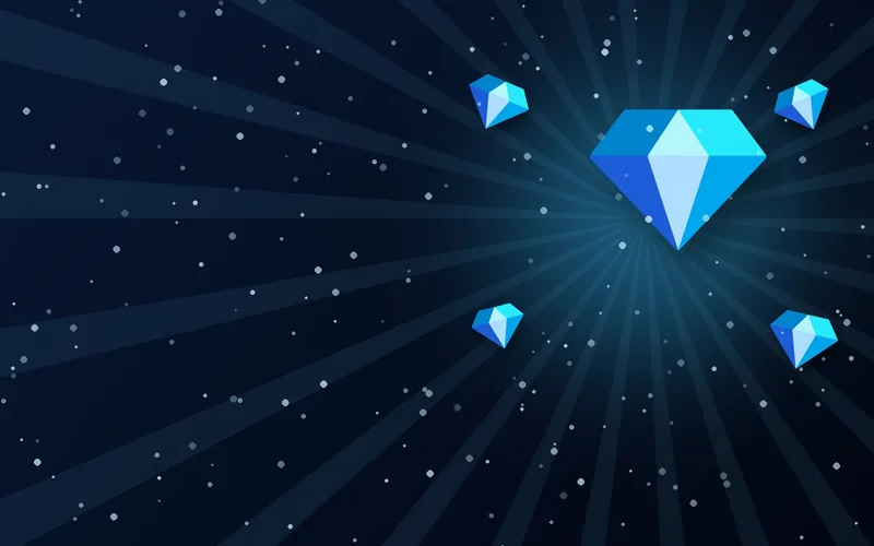 A large blue diamond with smaller gems on a dark starry background